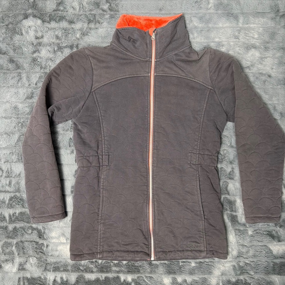 LL Bean Quilted Fleece Lined Jacket Gray Orange Full Zip Girls L 14-16 295289